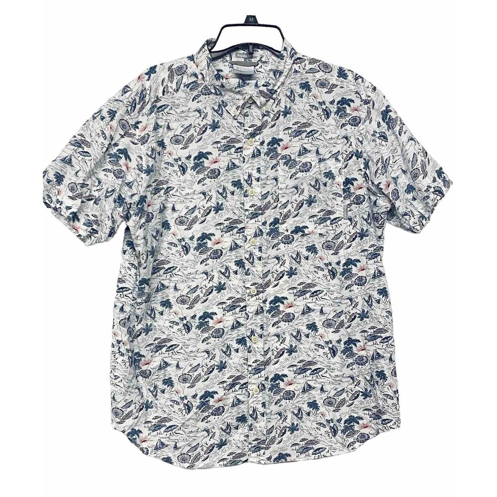 Columbia Shirt Men's L Short Sleeve Boats Beach Umbrellas Ocean Sun Trees Campy